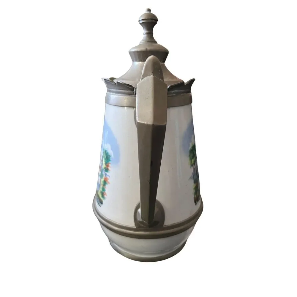 Antique manning & Bowman Graniteware Enameled‎ Coffee Pot w Pewter.